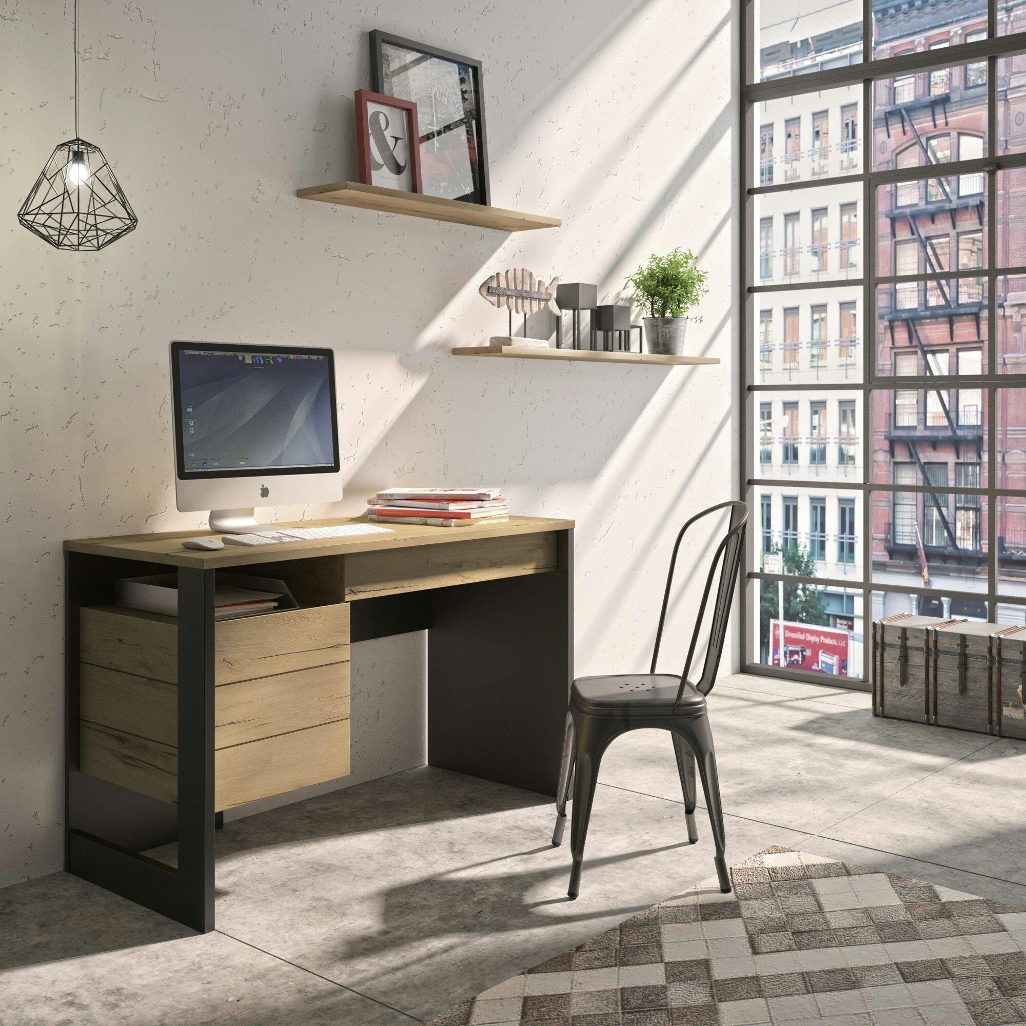 GHILAS - Bureau 1 tiroir 1 porte effet bois et noir