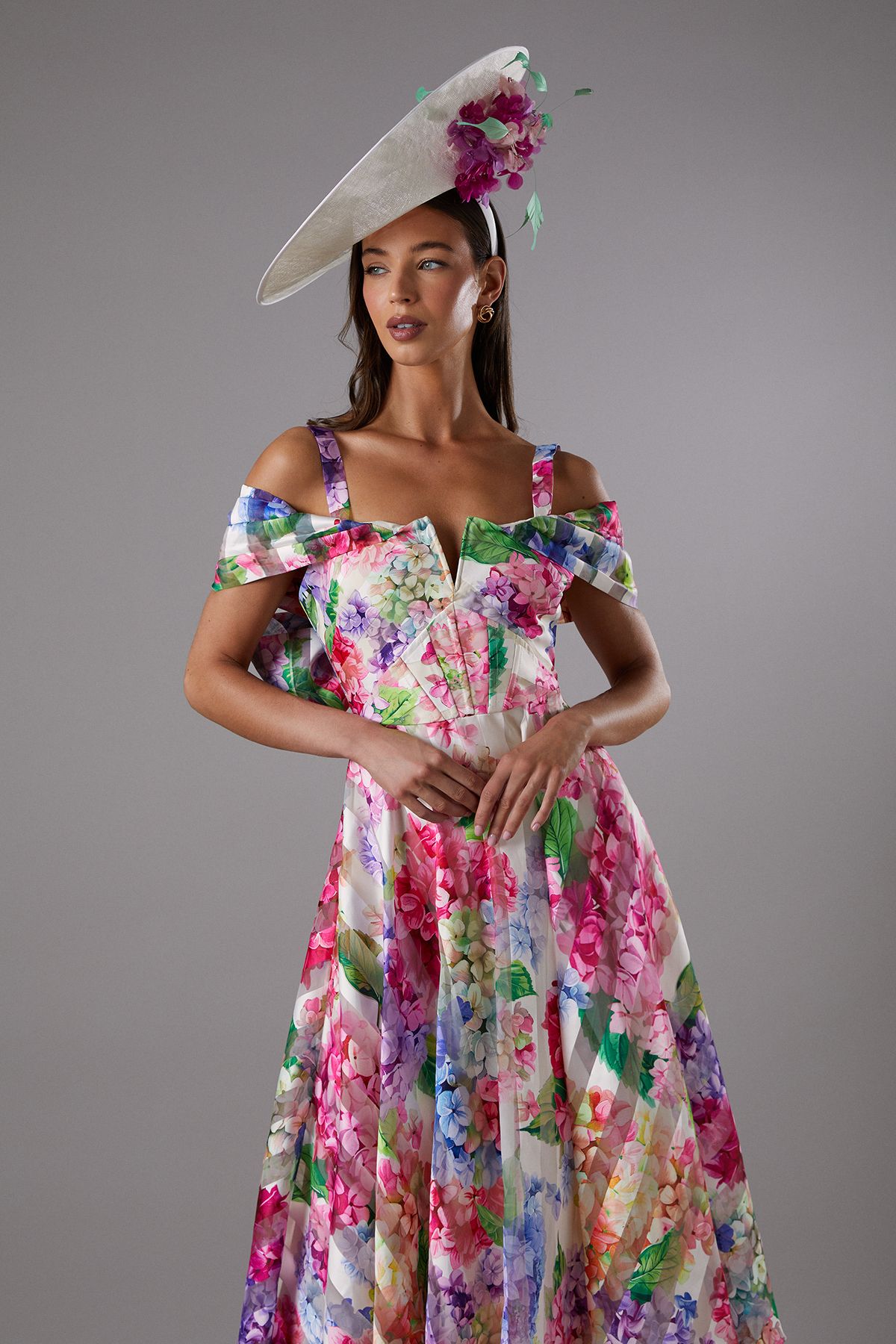 Coast Lisa Tan Printed Organza Bardot Midi Dress
