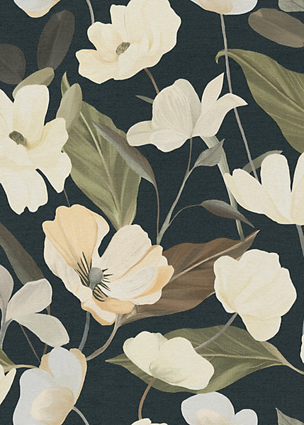 Papier peint vinyle intissé fleuri feuilles de lys, noir et beige L.1005 x l.53 cm, Erismann Blossom