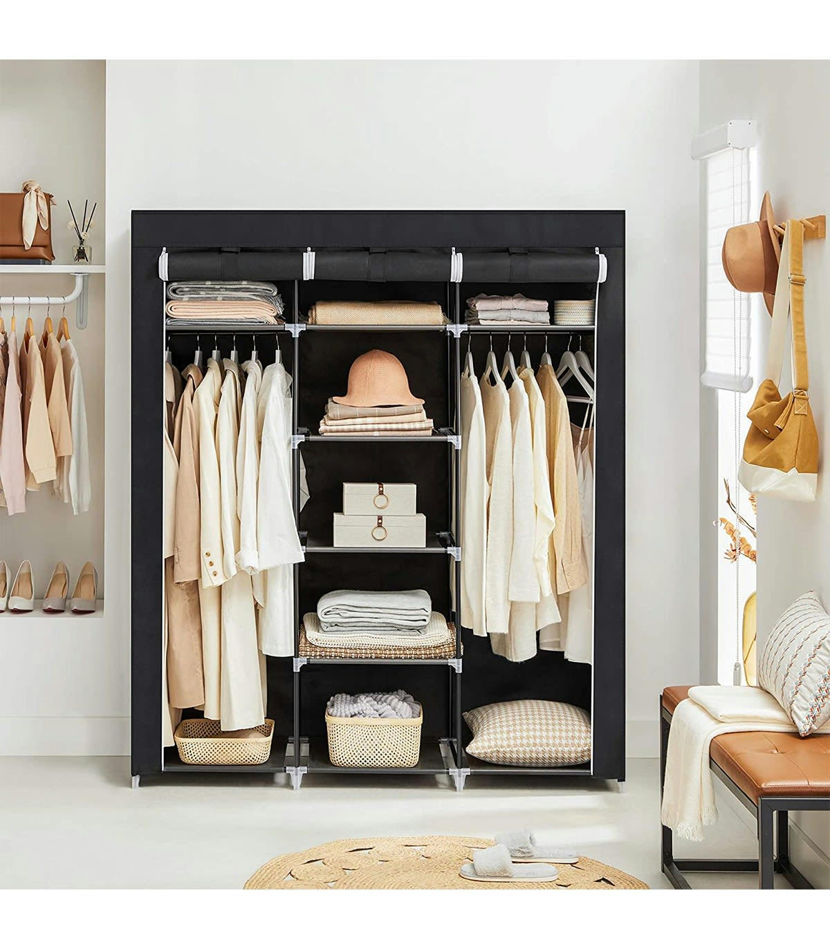 - Armoire de Rangement Pliable en Tissu Noir avec Penderie - L150 cm