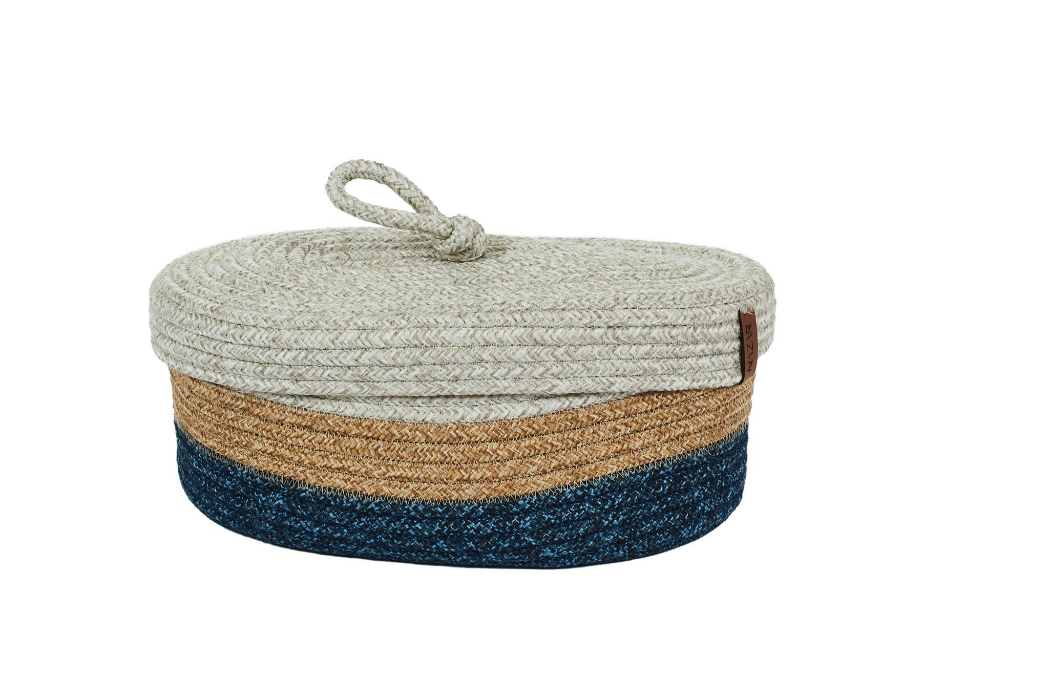 CALI - Panier tricolore aspect jute fait main gris et bleu - 23x37