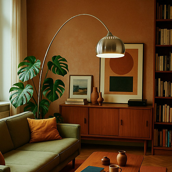 Lampadaire en arc en acier avec base en marbre blanc et abat-jour en acier - Arc XXL