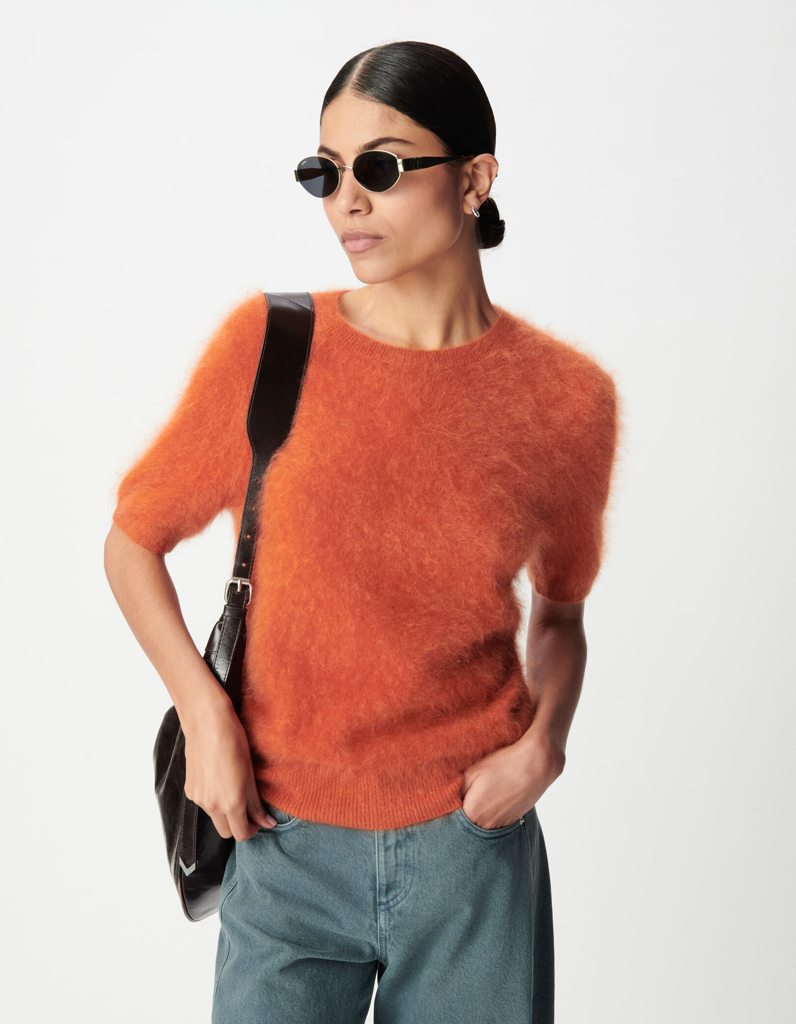 Pull col rond orange tricot cachemire brossé Femme