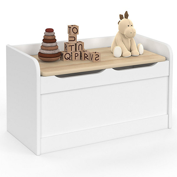 Banc coffre de rangement enfant LOGAN 60 cm en bois blanc et hêtre