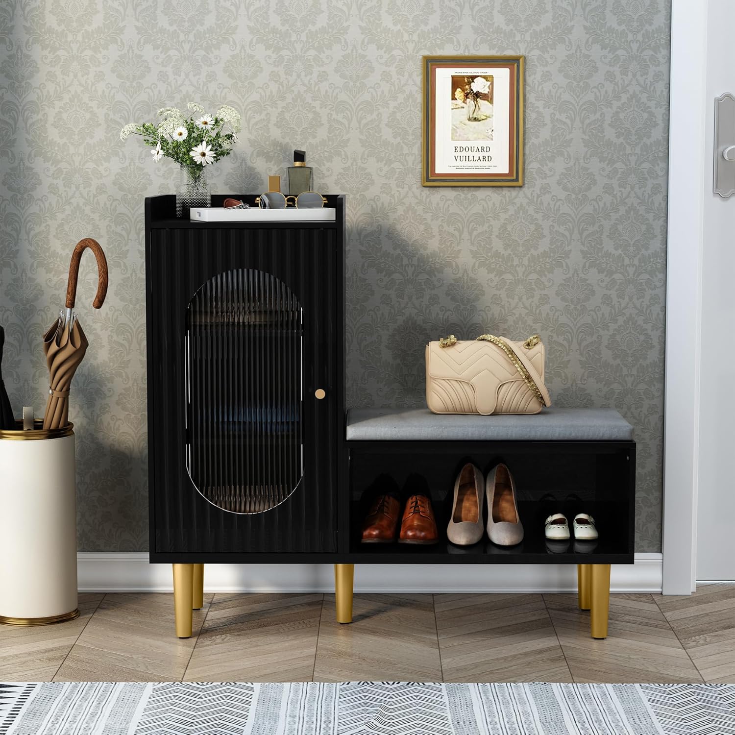 HLR Storage Bench with Glass Door&Shelf, Modern Entryway Shoe Cabinet Bench with Padded Seat, L-Shaped Storage Cabinet for Hallway, Bedroom, Living Room, Office, Black