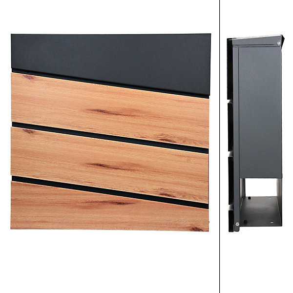 Boîte aux lettres anthracite / imitation bois avec support acier et kit montage