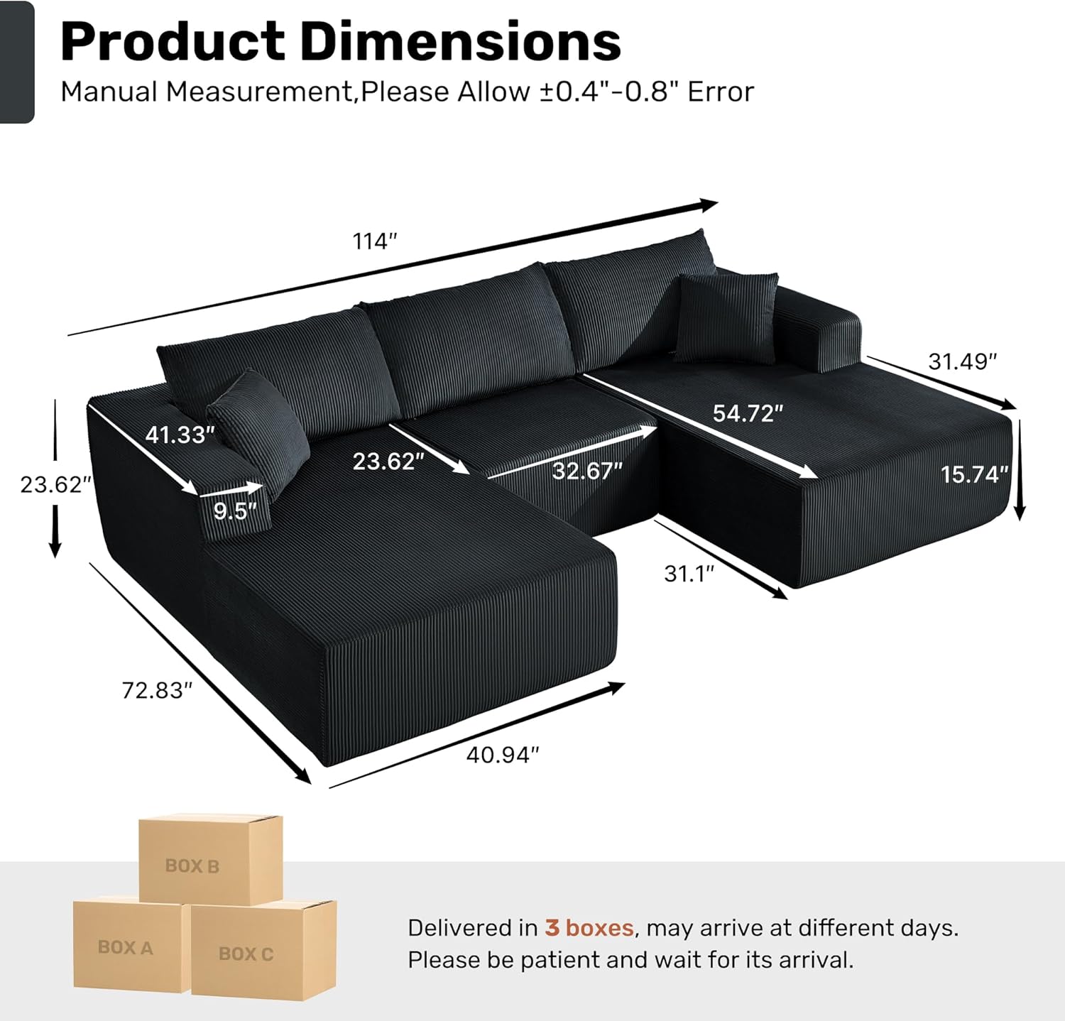 Modular Sectional Sofa,114 U-Shaped Boneless Sofa for Living Room,Oversized 3-Seater Deep Seat Cloud Couches,Corduroy Upholstered Corner Sofa Couch,No Assembly Required,Black
