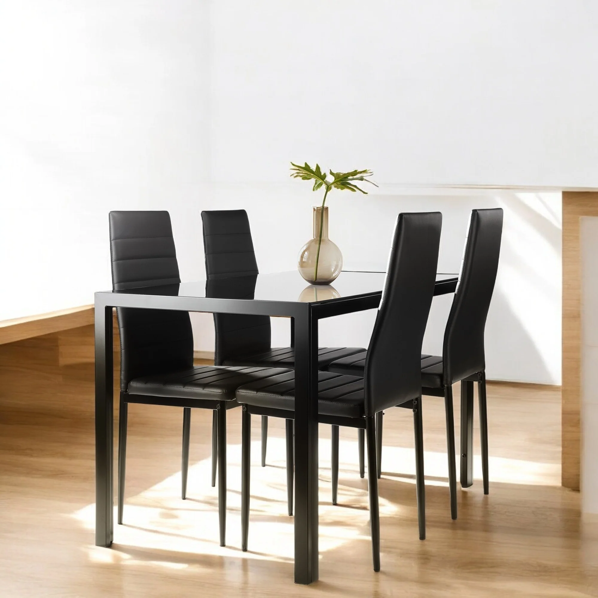 5-Piece Modern Glass Dining Table Set with 4 PU Leather Chairs, Metal Frame Kitchen Table Set for Small Spaces and Dining Room