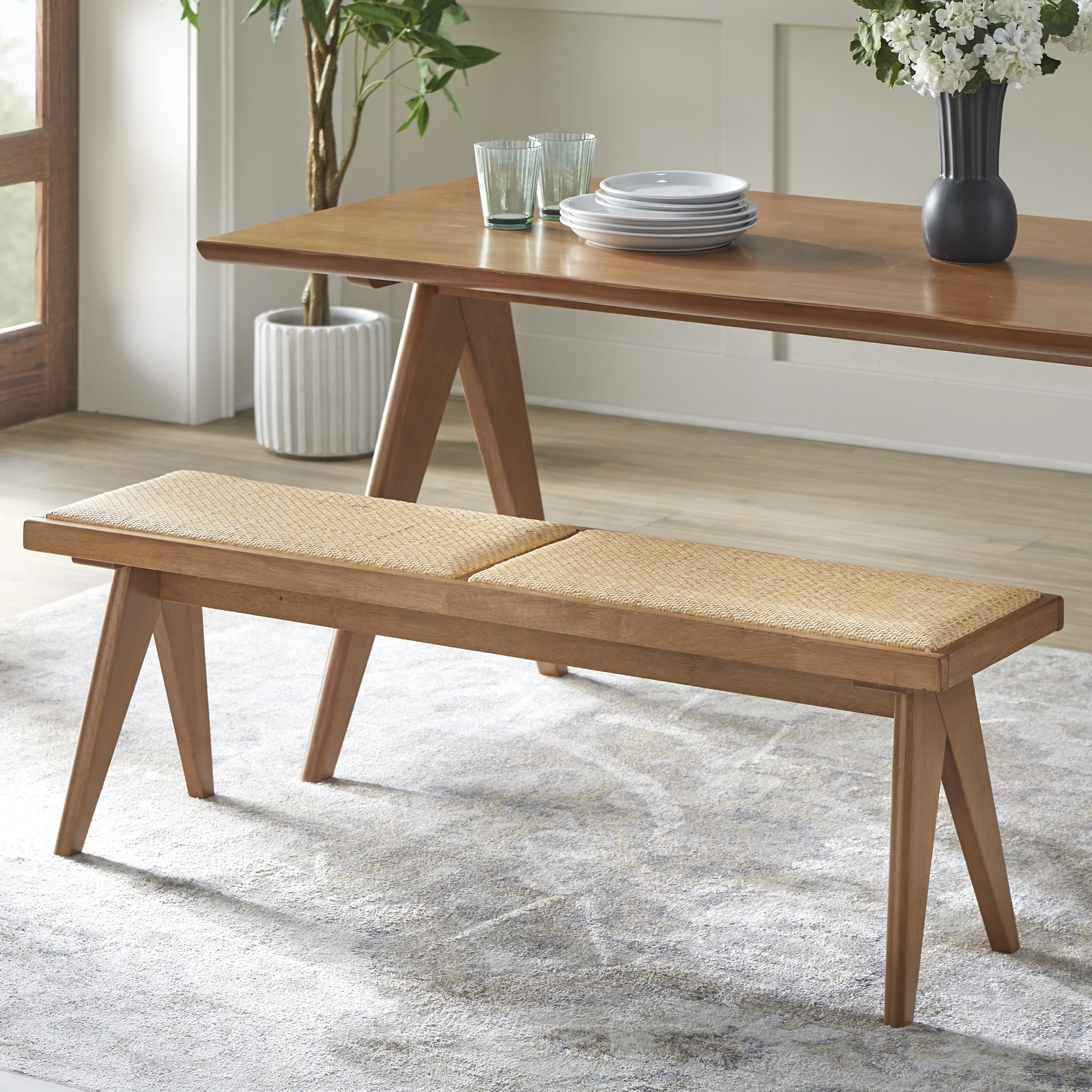 Lifestorey Veletina Solid Wood and Rattan Dining Bench