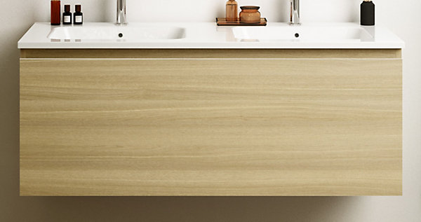 Meuble vasque suspendu effet chêne l.120 cm   plan double vasque blanc mat résine, Pura