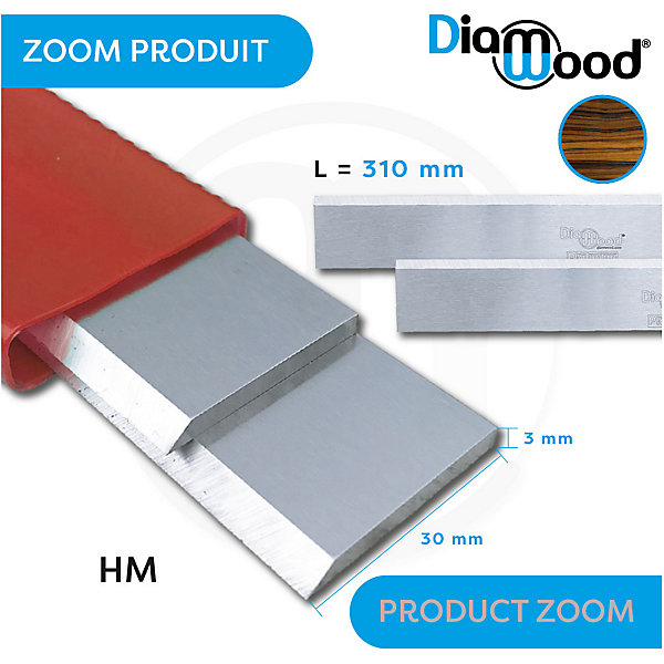 Jeu de 2 Fers de Dégauchisseuse/Raboteuse PRO 310 x 30 x 3 mm Carbure HM (les 2 Fers) - Diamwood