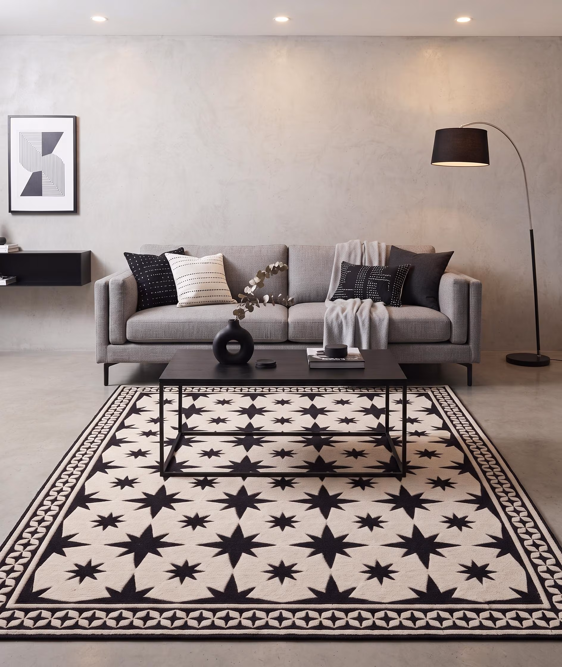 Hand Tufted Wool Star Rug, Moroccan Tile Pattern, Monochrome Ivory Black