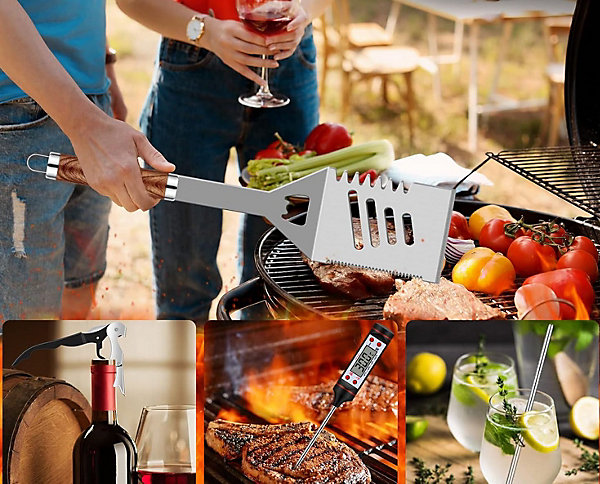 Ensemble Barbecue 38 pièces en Acier Inoxydable avec Sac de Rangement pour Camping