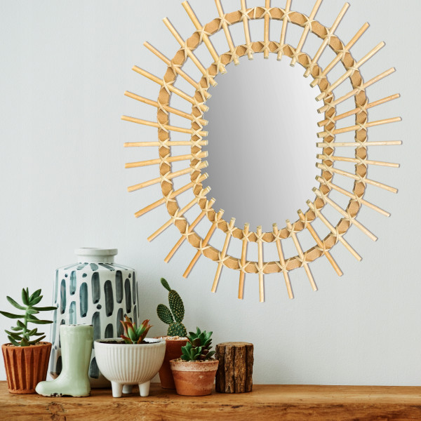 Owalne Lustro Boho Bambus Ścienne 57Cm Naturalne Qdj5749