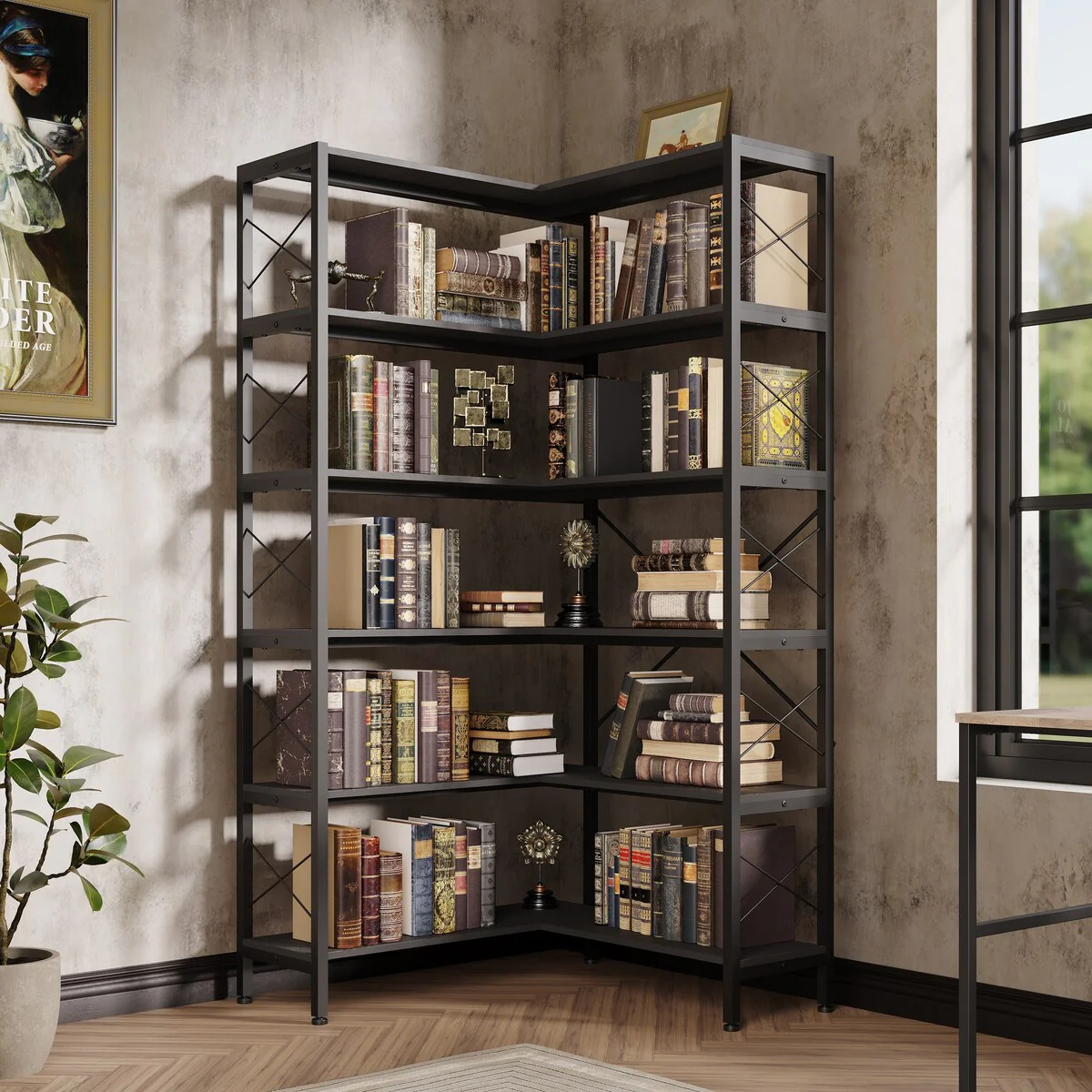 6-Shelf Corner Bookcase, Vintage Industrial Corner Shelf Stand Etagere Bookcase