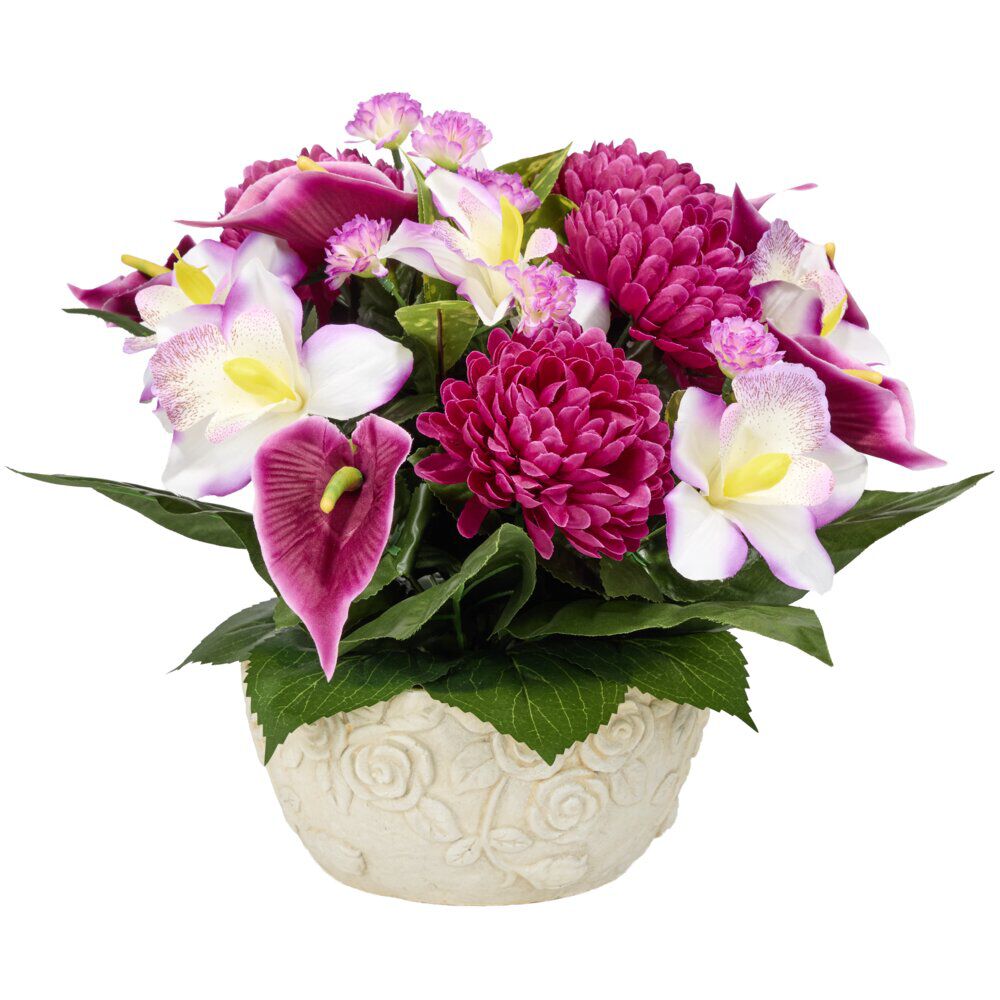 Vasque ciment chrysanthèmes arums orchidées mini fleurs Ø40xH30cm (3 modèles)