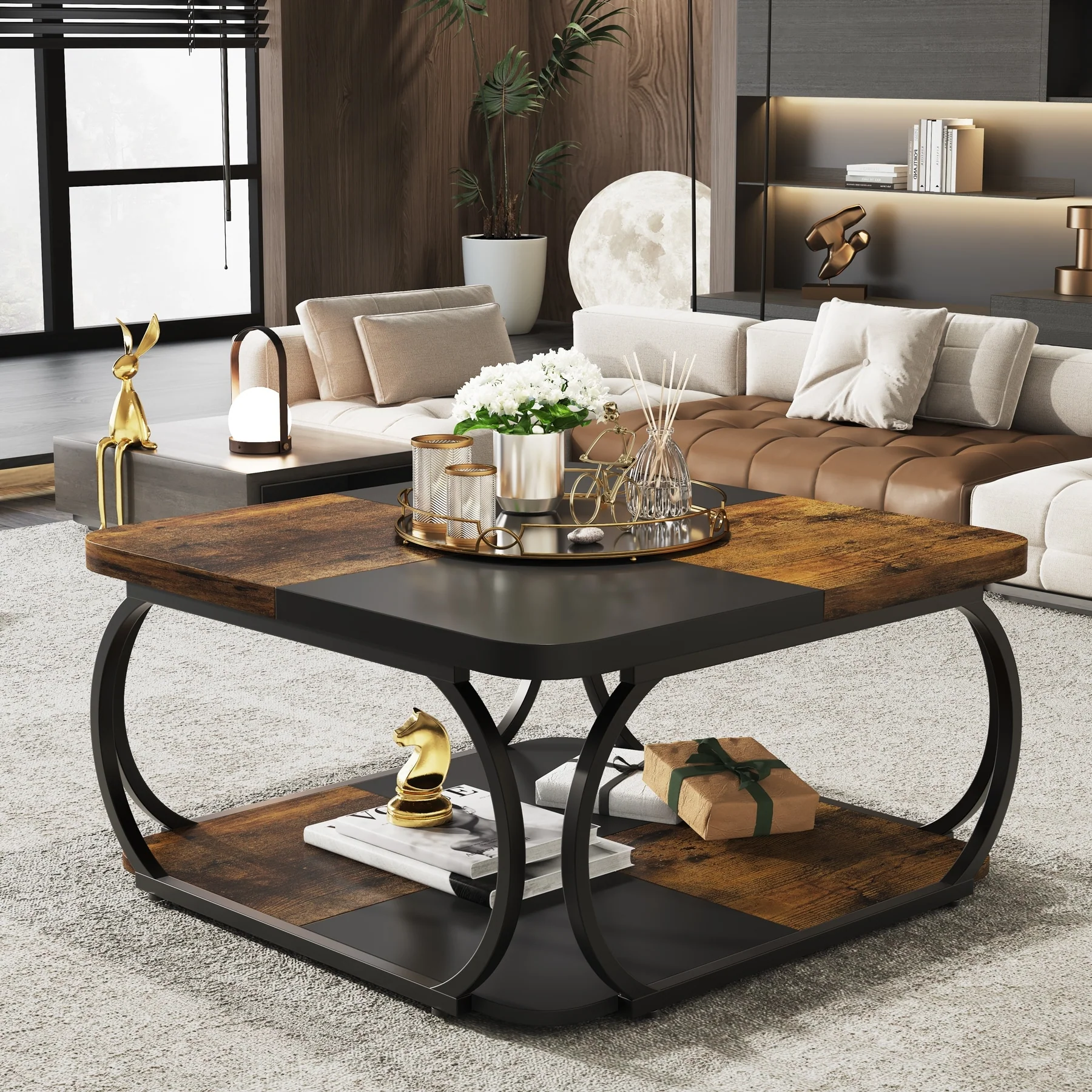 Square 2-Tier Coffee Table with Storage Shelf, 39 inches Low Farmhouse Wood Coffee Table for Modern Living Room