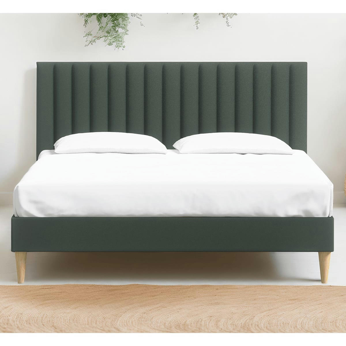 ELIOT - Lit adulte 140x190 en velours vert avec tête de lit matelassée