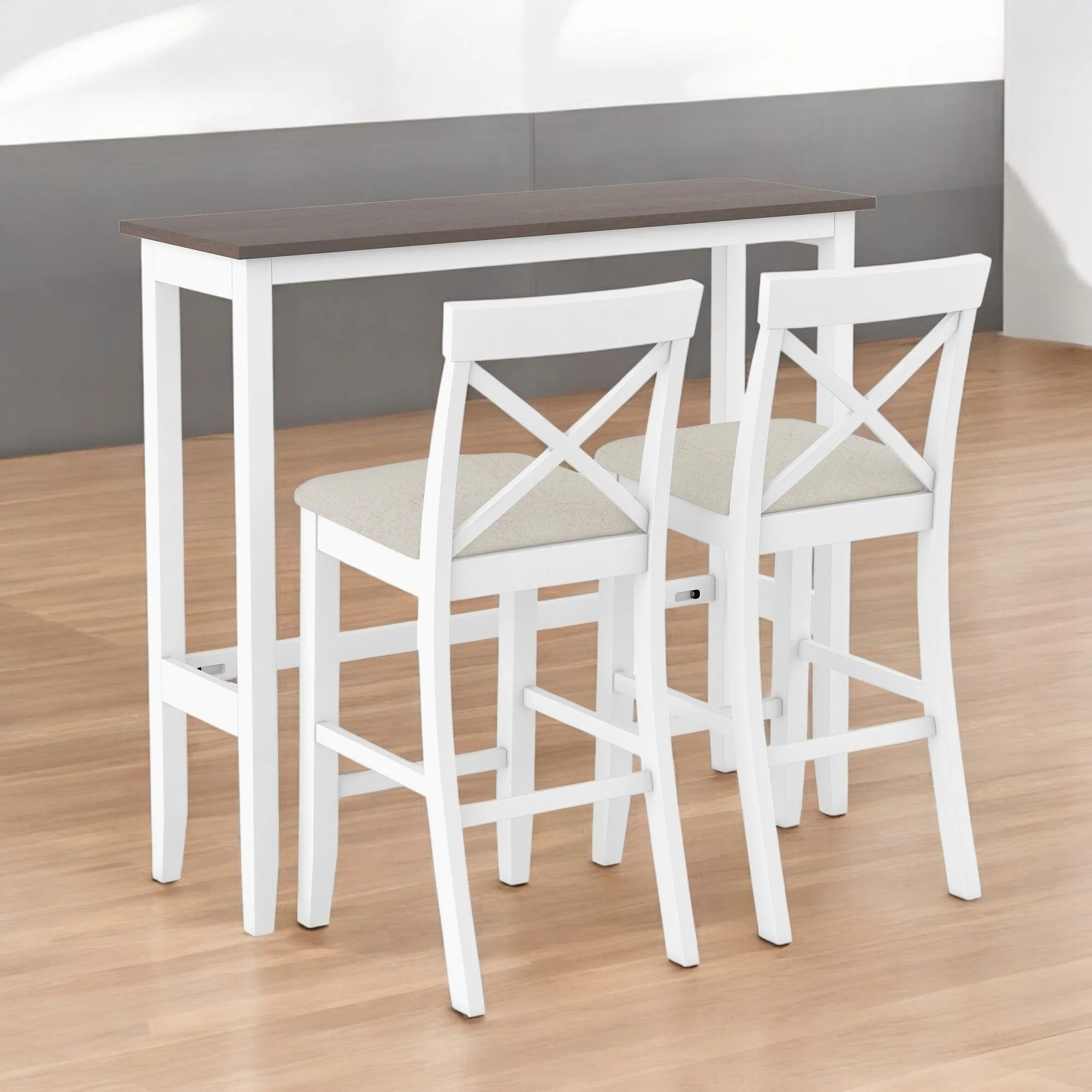 3-Piece Bar Height Dining Set with 2 Upholstered Stools - 48 Acacia Wood Breakfast Table for Small Spaces and Dining Room