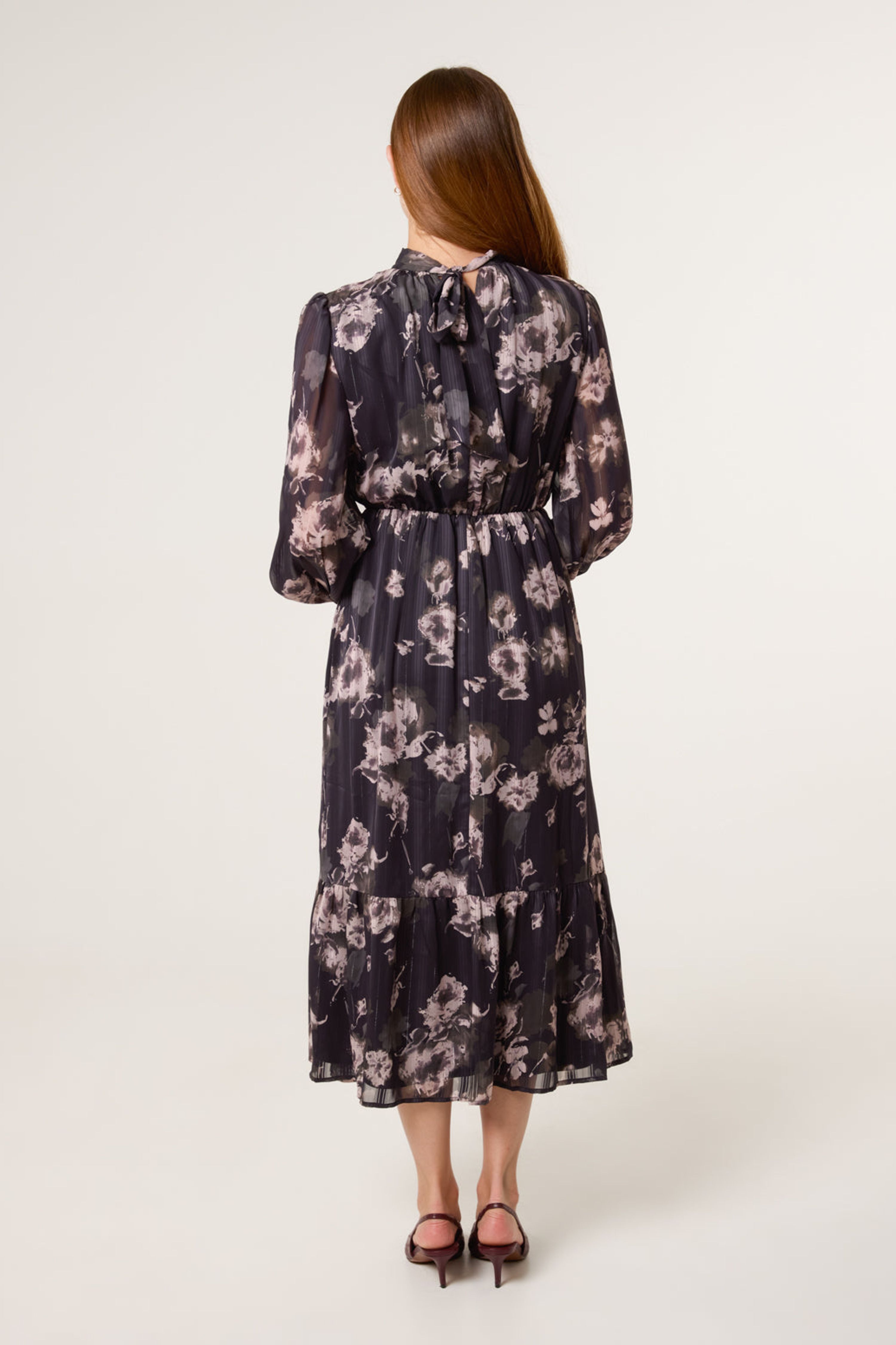 Blue Vanilla Black High Neck Floral Puffball Pleated Midi Dress
