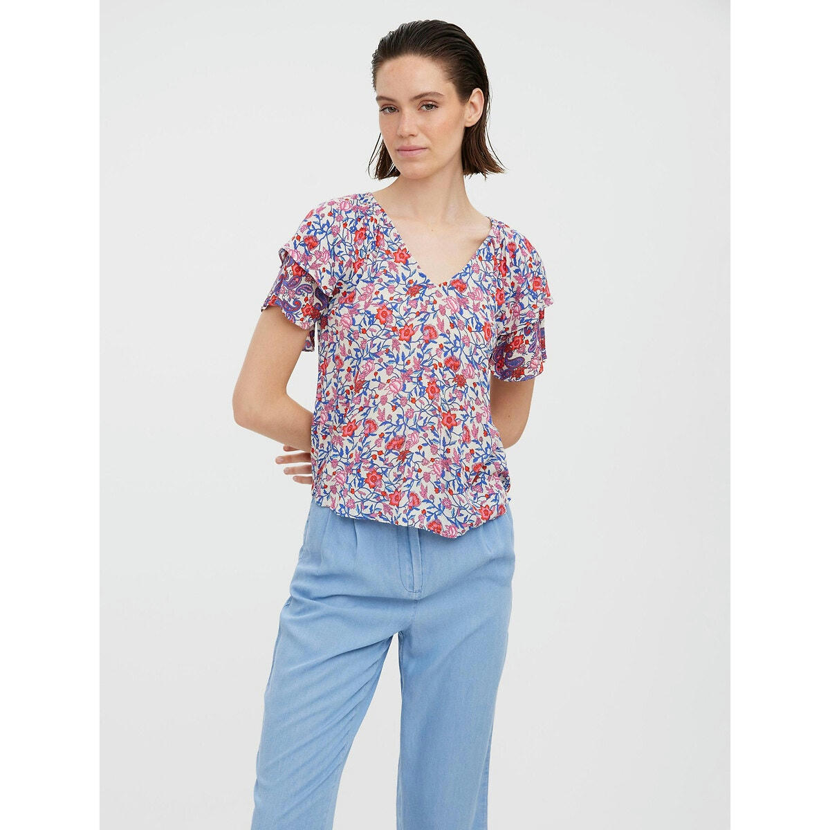 Blouse col V imprimé floral, manches courtes