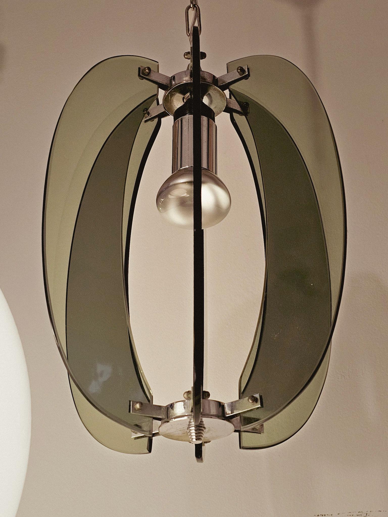 Fontana Arte Veca 1970 vintage chandelier, steel design with vertical smoked glass elements.