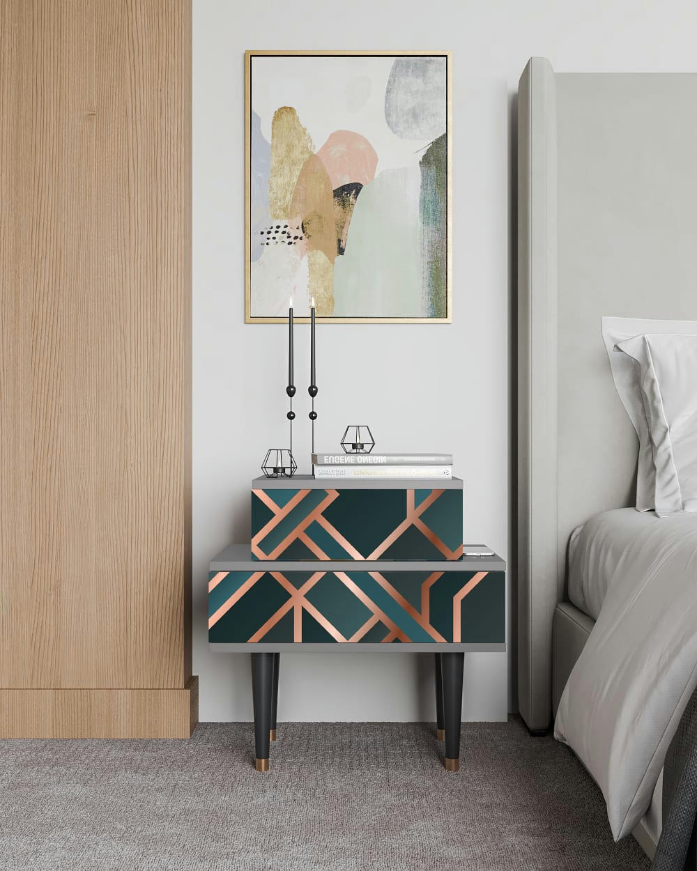 BRONZE CROSSROAD - Table de chevet bleu-vert 2 tiroirs L 58 cm