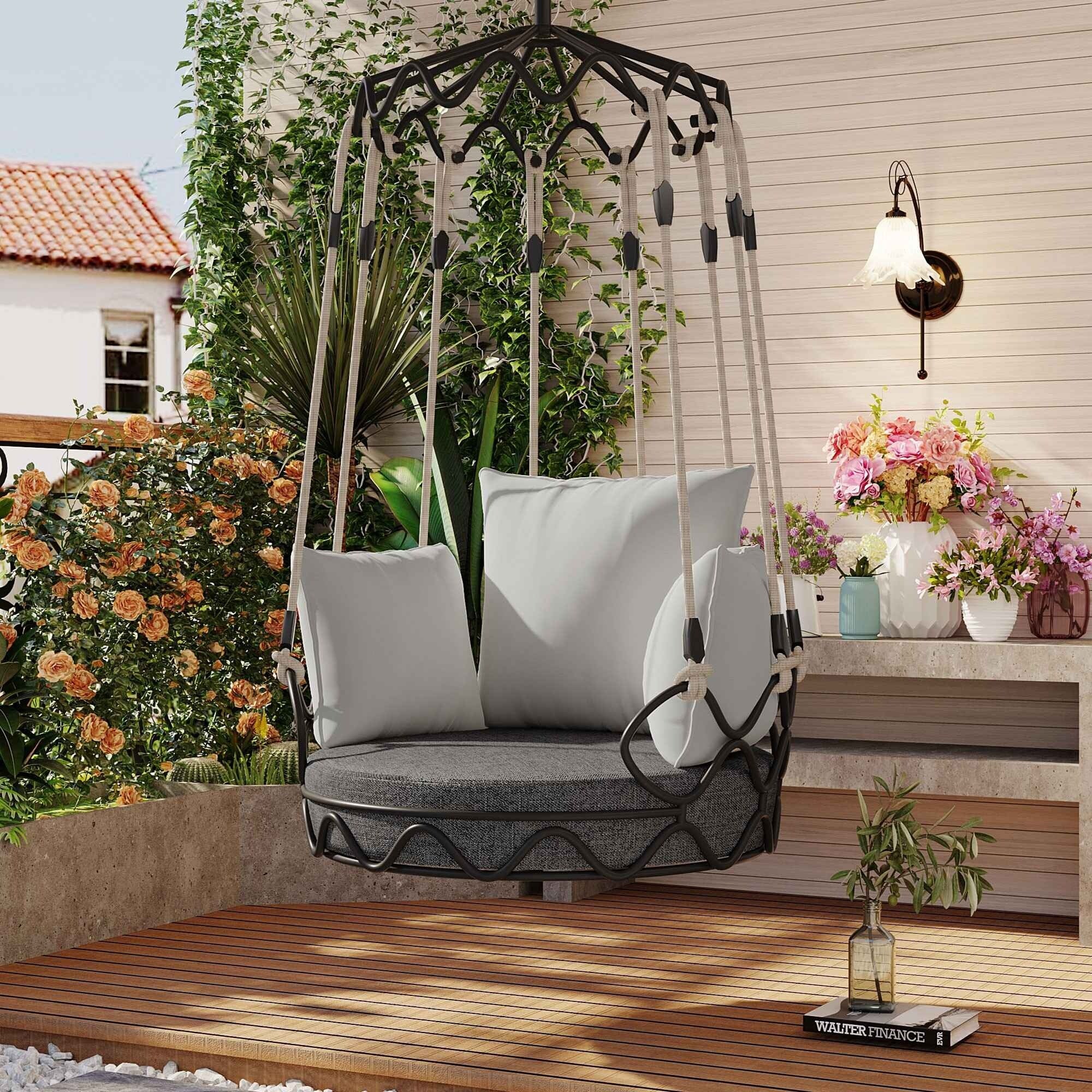Outdoor porch hanging basket chair with 8-inch thick waterproof cushion