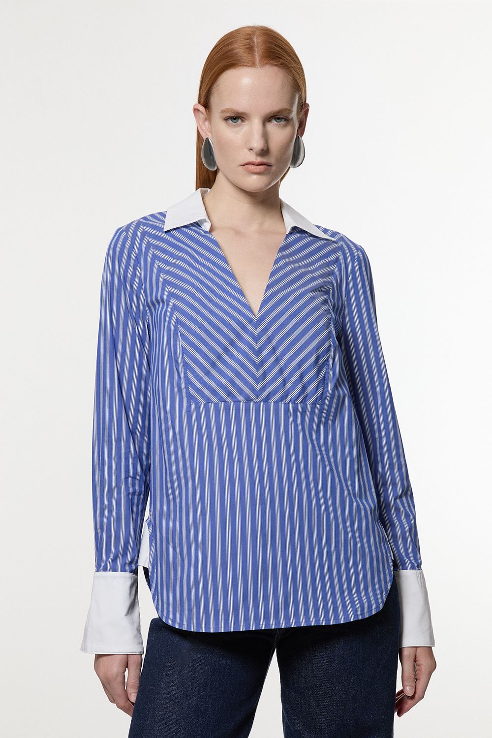 KarenMillen Contrast Cuff And Collar Tailored Stripe Shirt