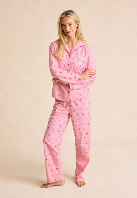 Womens Pink Cherry Print Revere Pyjama Set