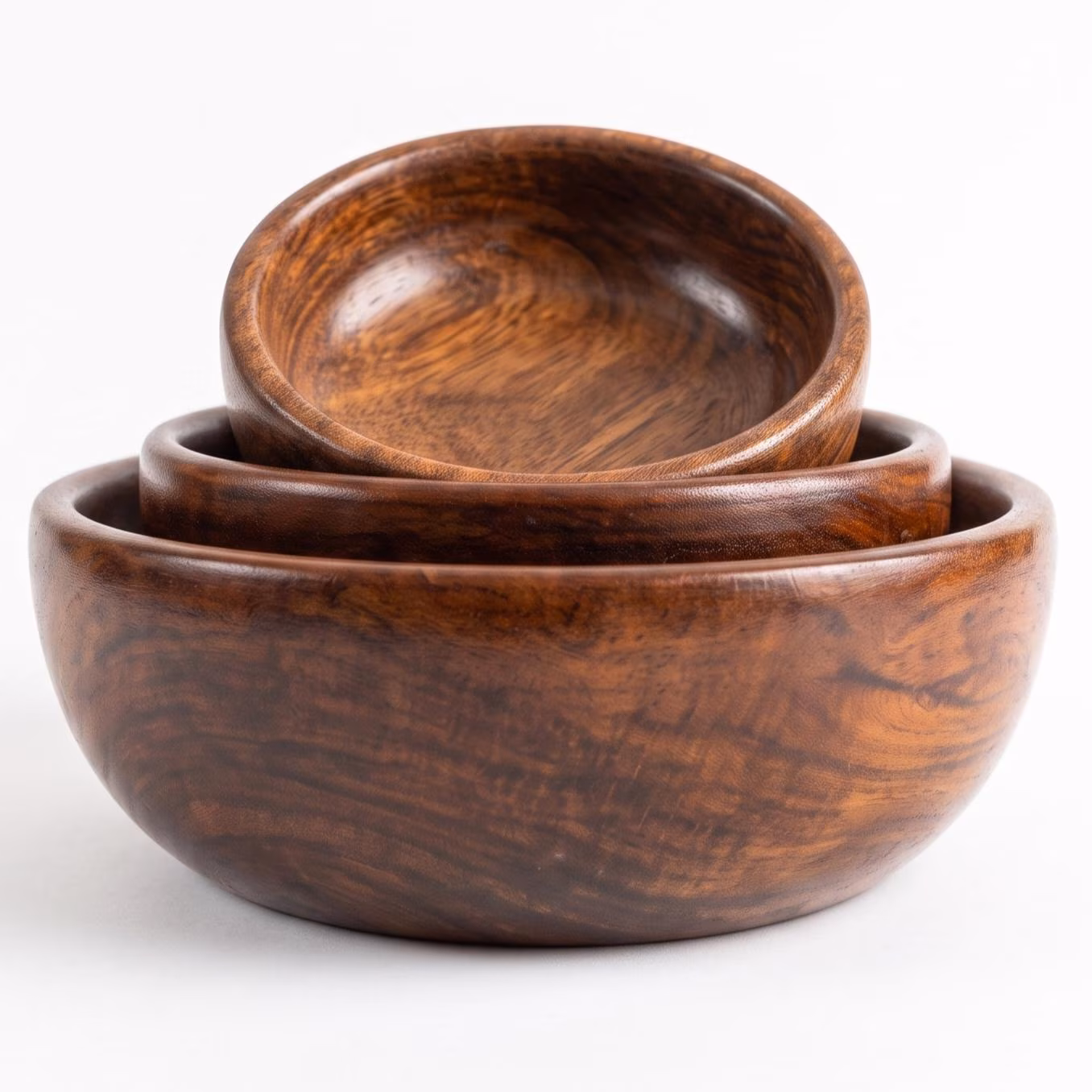 Set of 3 Natural Wooden Serving Bowls – 6, 5, 4 Inch Kitchenware