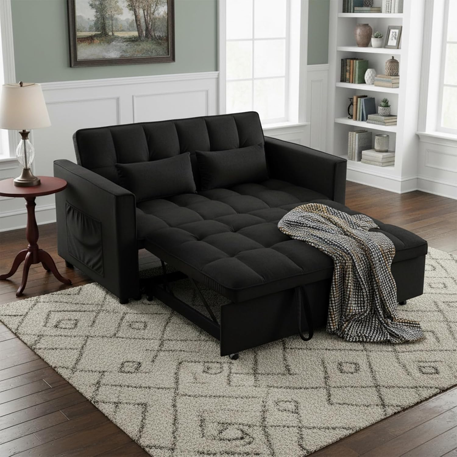 Convertible Sofa Bed,3 in 1 Pull Out Couch Adjustable Backrest, Modern Velvet Upholstery Sleeper Sofa Bed, Loveseat Couch for Living Room, Bedroom & Apartments (Black)