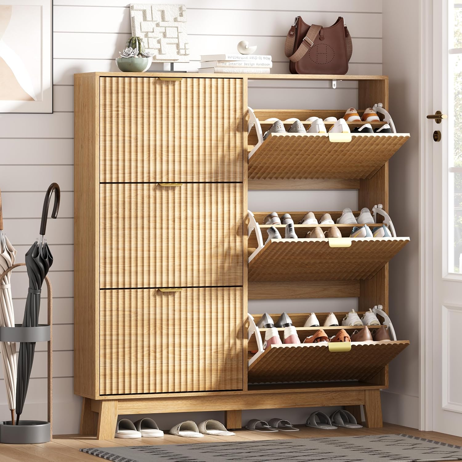 Shoe Cabinet Storage for Entryway with 6 Flip Drawers, Fluted Narrow Shoe Organizer with Wooden Legs, Freestanding Slim Shoe Storage Hidden Shoe Rack Organizer for Front Door Entrance, Oak