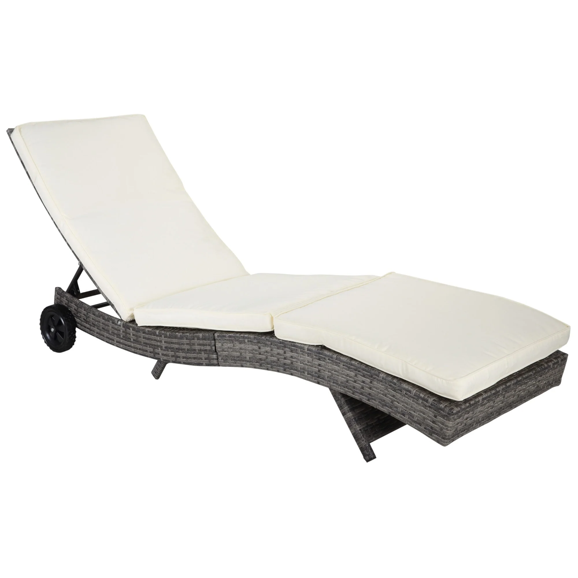 Outdoor Wicker S-Shaped Chaise Lounge Chair with Wheels, Reclining Rattan Chair with 5-Position Adjustable Backrest