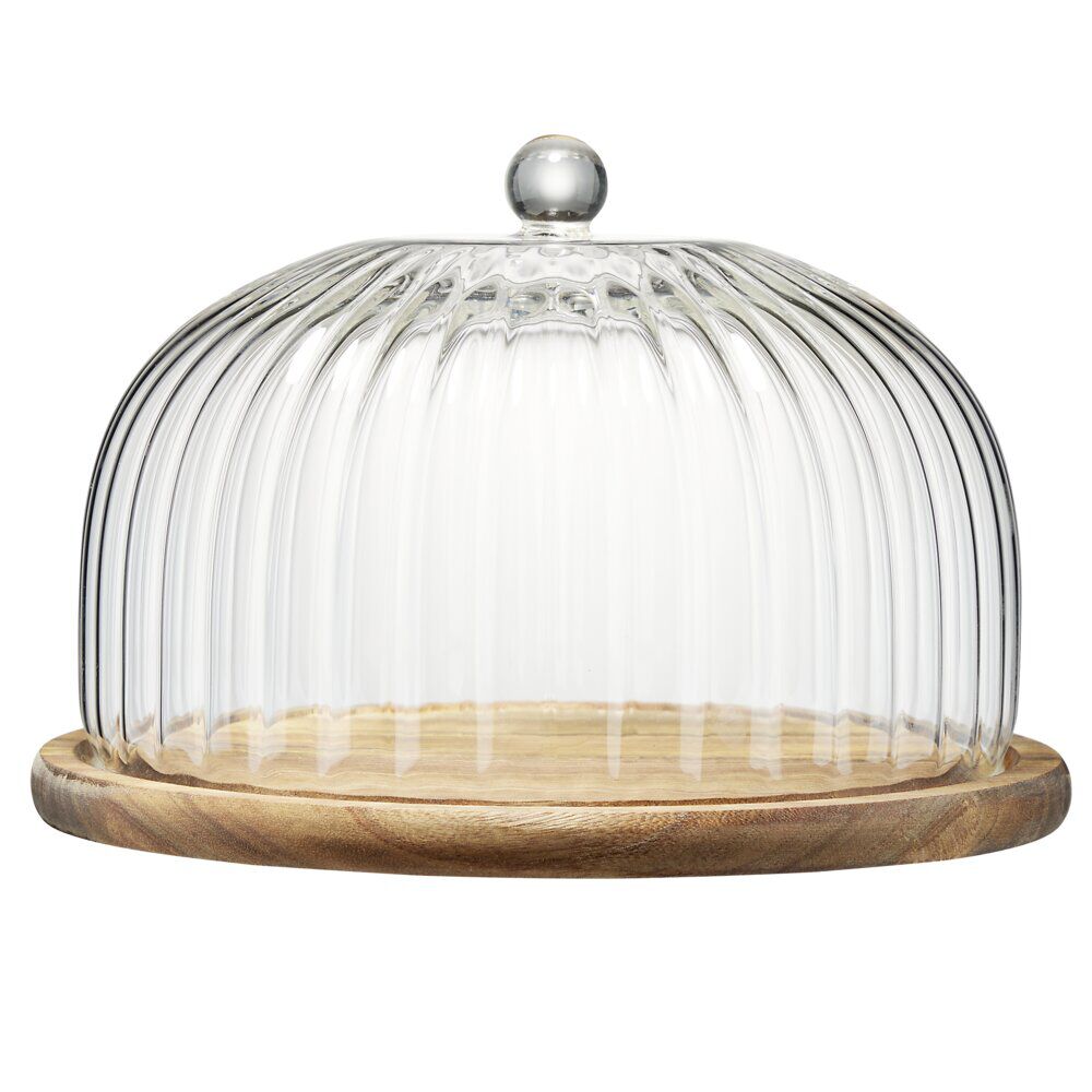 Plateau de présentation rond en bois sous cloche en verre Ø25xH15cm