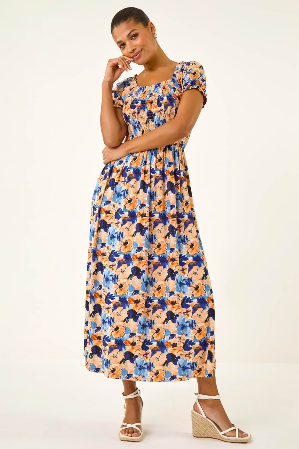 Roman Floral Print Shirred Stretch Maxi Dress