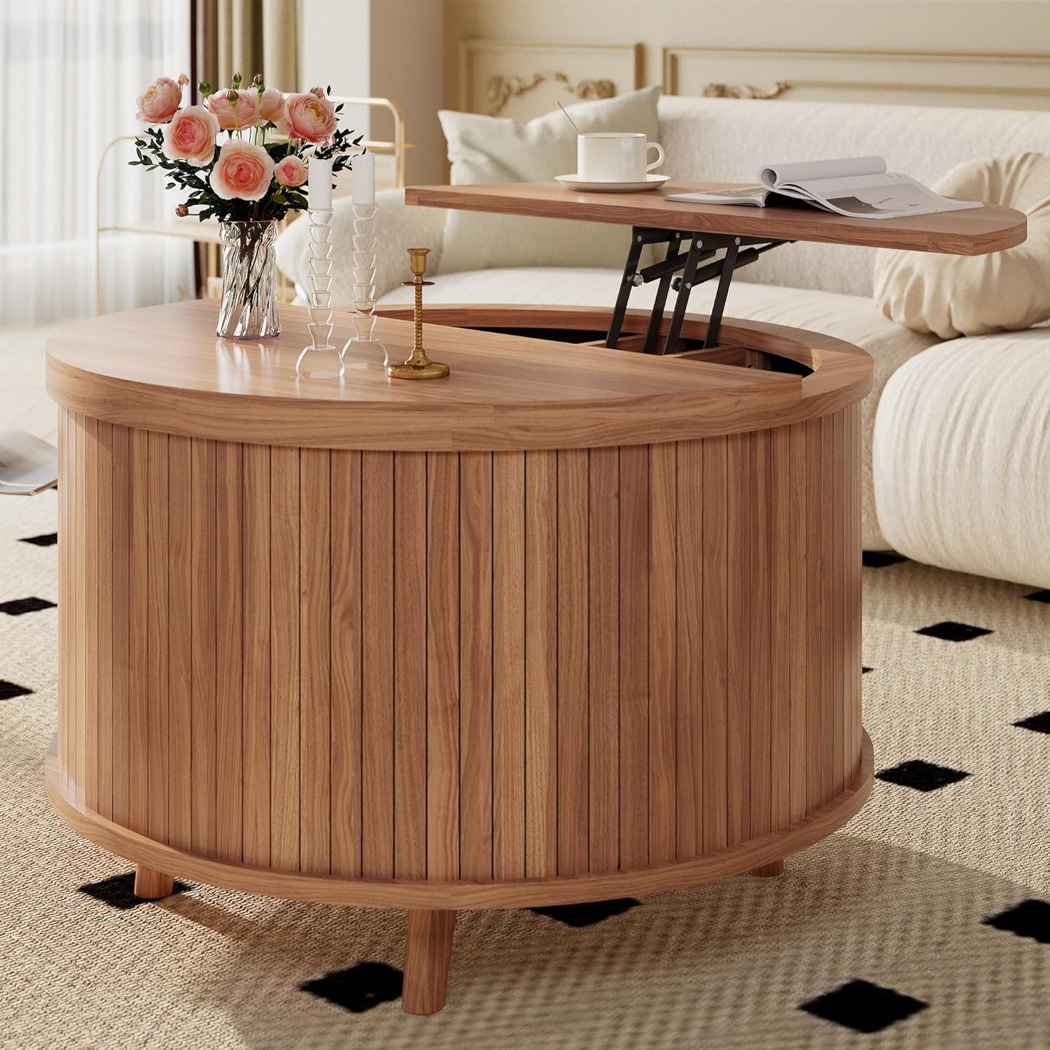 Easyego Lift Top Coffee Table for Small Spaces, 31.5 Mid-Century Modern Wooden Round Table with Storage, Circle Fluted Center Table for Living Room, Work from Home & Apartment, Walnut