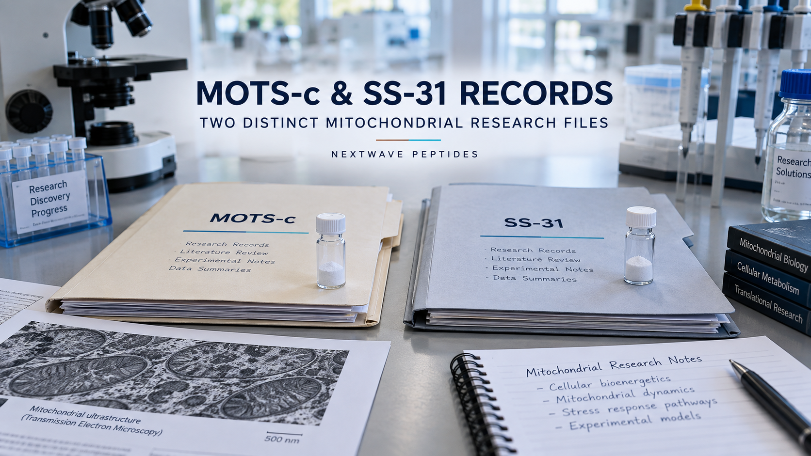 NextWave Peptides laboratory editorial cover for MOTS-c and SS-31: Two Different Mitochondrial Peptide Research Records.