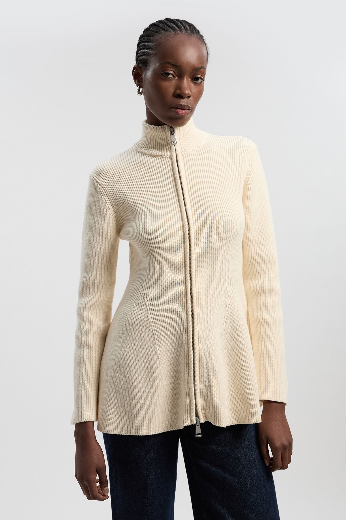 KarenMillen Cotton High Neck Zip Through Longline Knit Jacket
