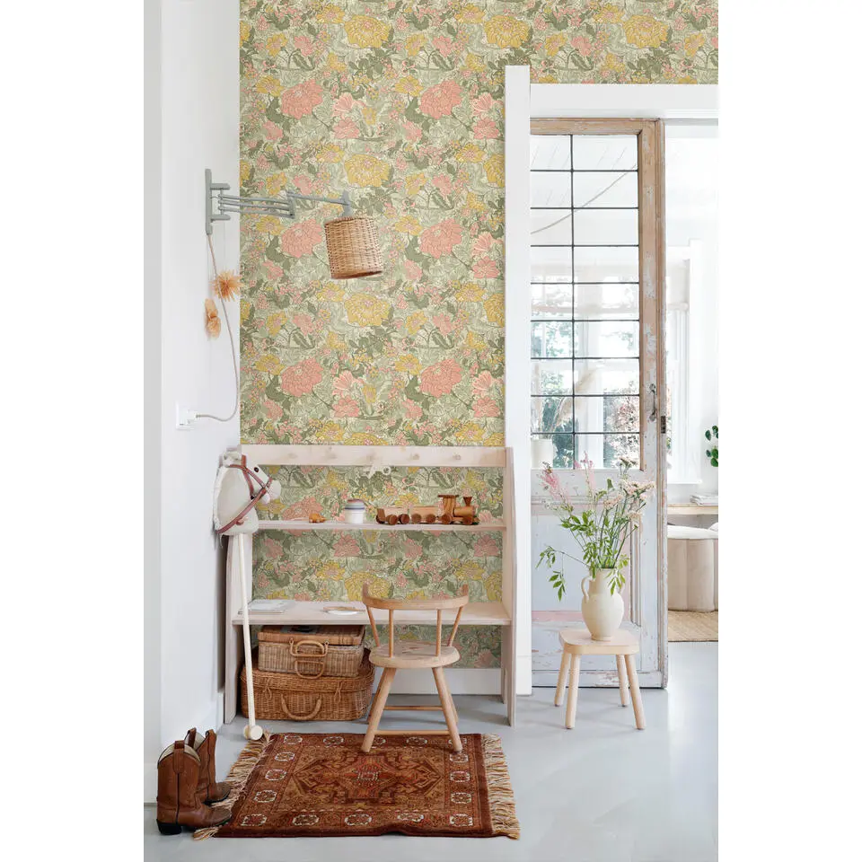 ESTAhome behang vintage bloemen vergrijsd groen, roze en okergeel - 50 x 900 cm