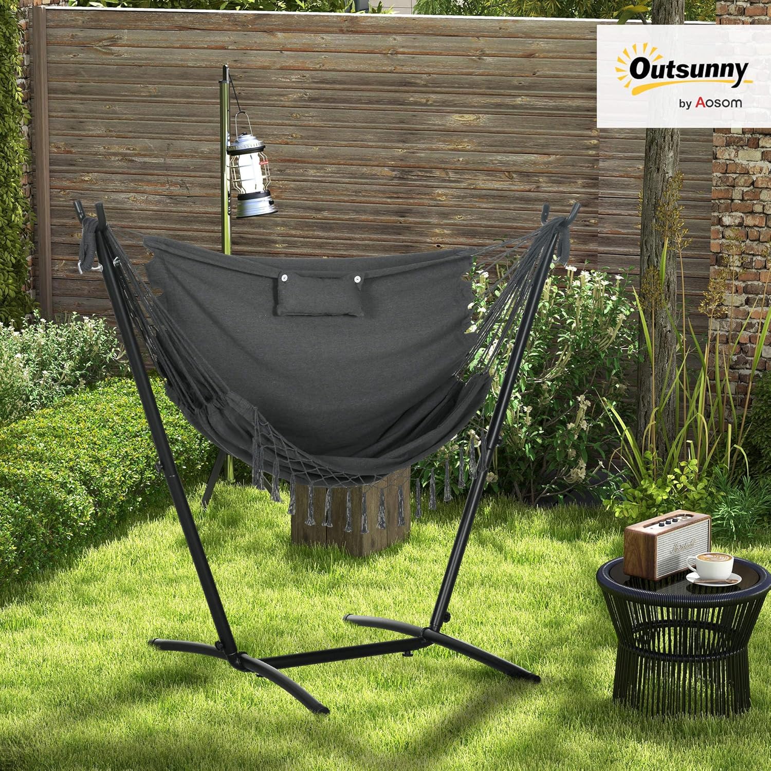 Outsunny Patio Hammock Chair with Stand, Outdoor Hammock Swing Hanging Lounge Chair with Side Pocket and Headrest, Dark Gray