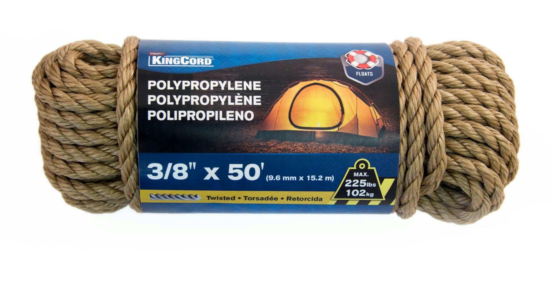 KingCord Polypropylene Rope, Classic Manila Look, Waterproof, 244-lb Capacity, 3/8-in x 50-ft