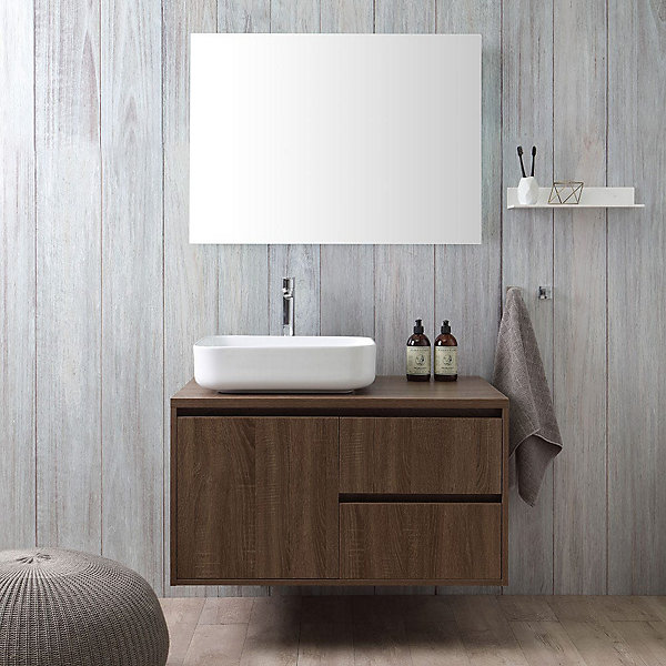 Meuble De Salle De Bain Suspendu 90Cm Avec Porte Et Tiroirs Couleur Noyer, Vasque De Comptoir Et Miroir 90X70 - Siena