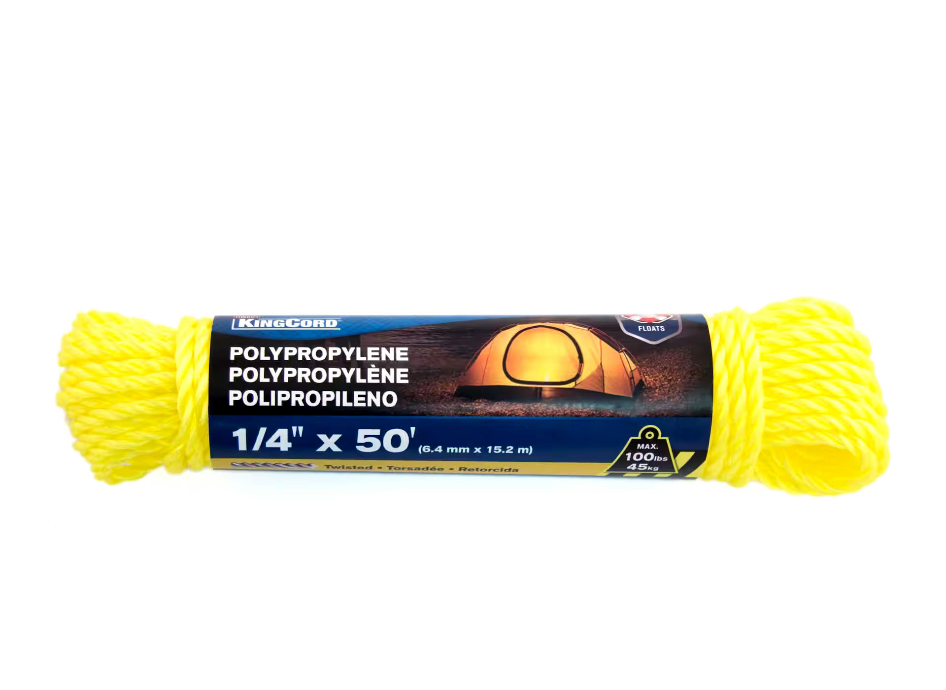 KingCord Polypropylene Waterproof Twisted Rope, Yellow, 1/4-in x 50-ft