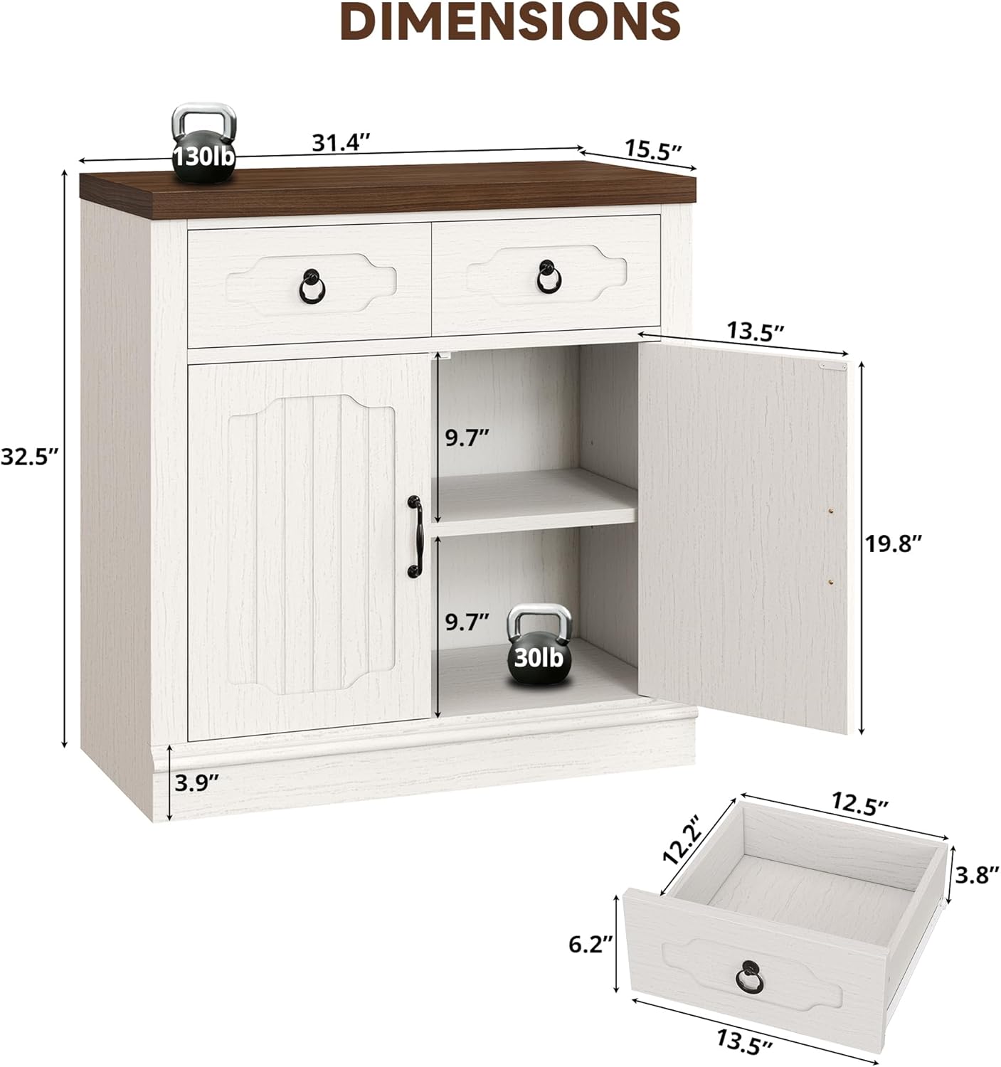 LIKIMIO Storage Cabinet with Doors and Shelves, Farmhouse Kitchen Cabinet with 2 Drawers and Adjustable Shelf, Coffee Bar Cabinet Buffet Sideboard Cabinet for Dining Room, Bathroom, Entryway, White