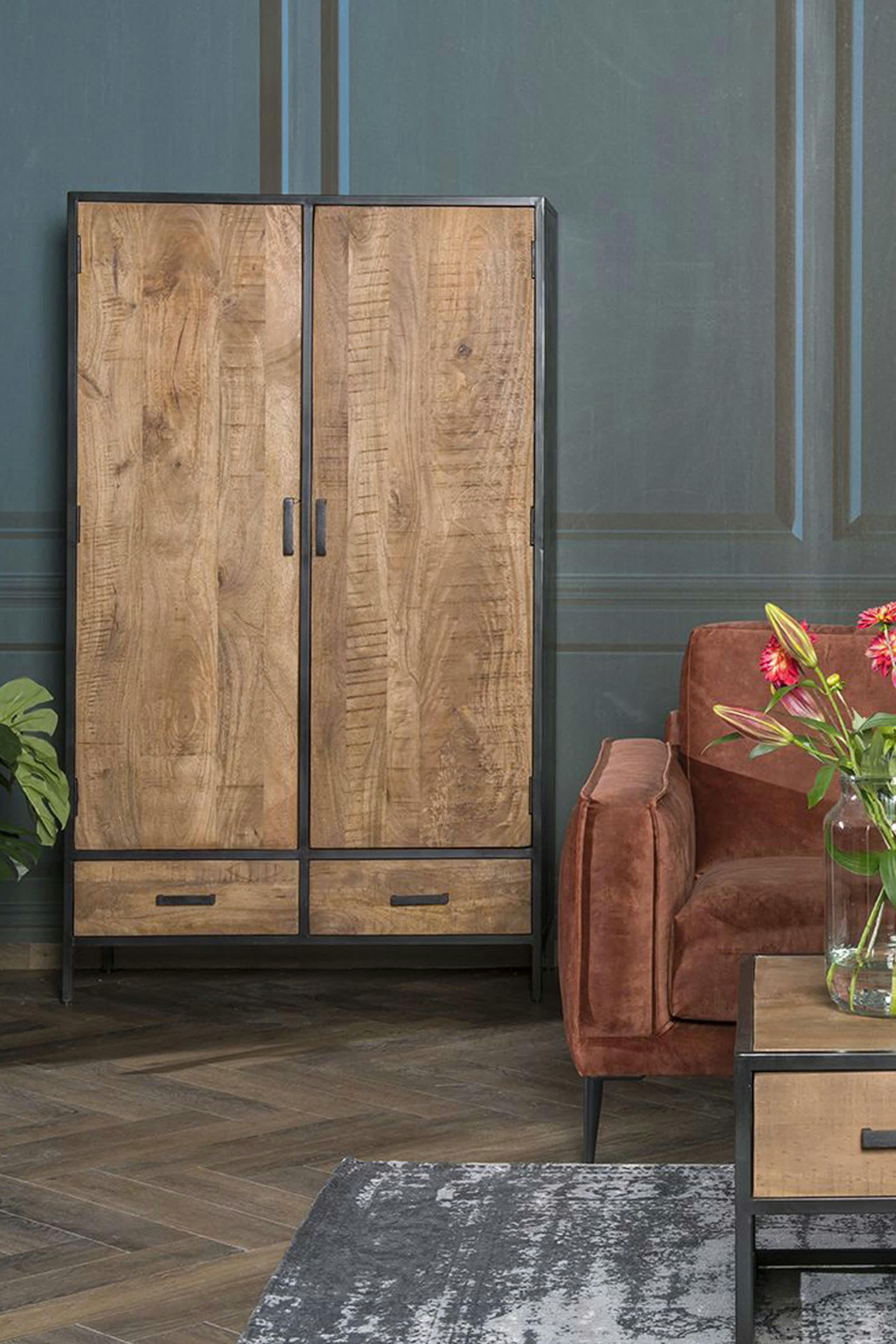 ANGLET - ANGLET-Buffet haut 2 portes 2 tiroirs, Manguier massif et métal