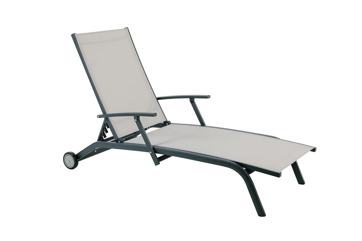 RIO - Transat multi-positions à roulettes aluminium et texaline gris clair