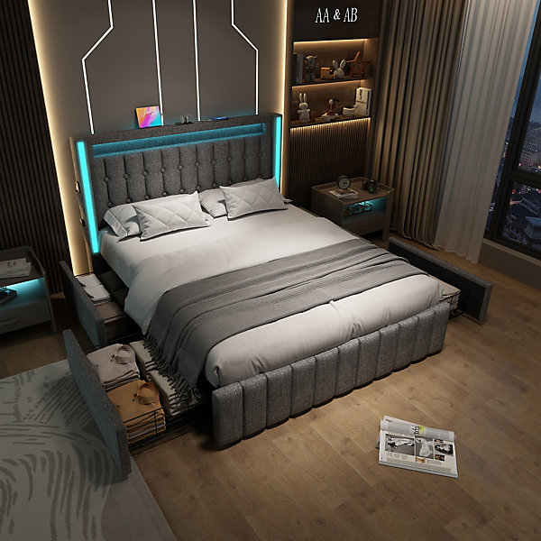 Lit avec rangement 140x200 cm double capitonné avec ports USB-C et LED, 4 tiroirs intégrés, tissu lin gris, sans matelas