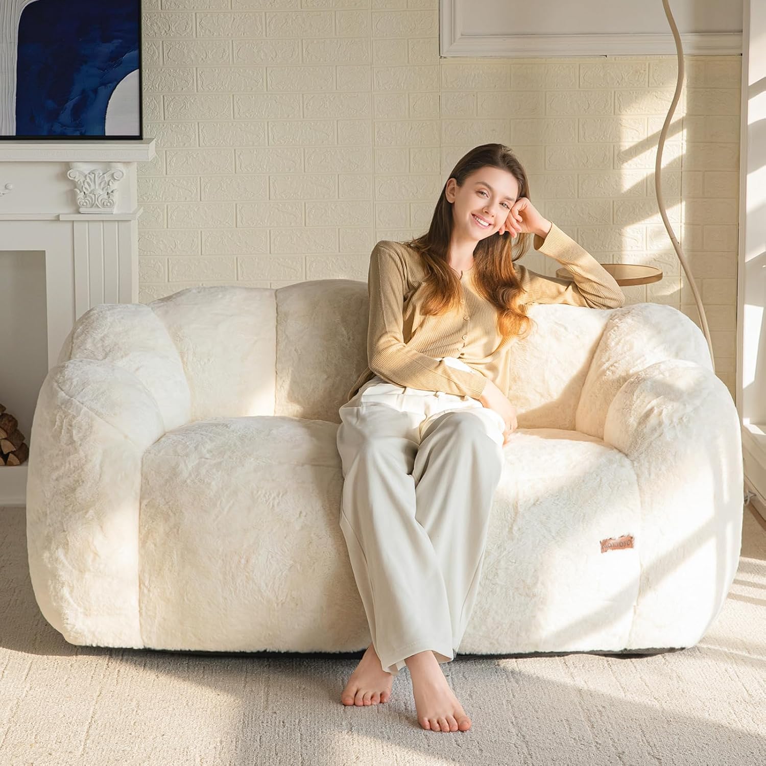 MAXYOYO Bean Bag Chair for Adults, Loveseat Floral Shaped Bean Bag Sofa, Ultra Soft Love Seat Mini Sofa Couch, Faux Fur Reading Chair for Living Room Bedroom, Beige