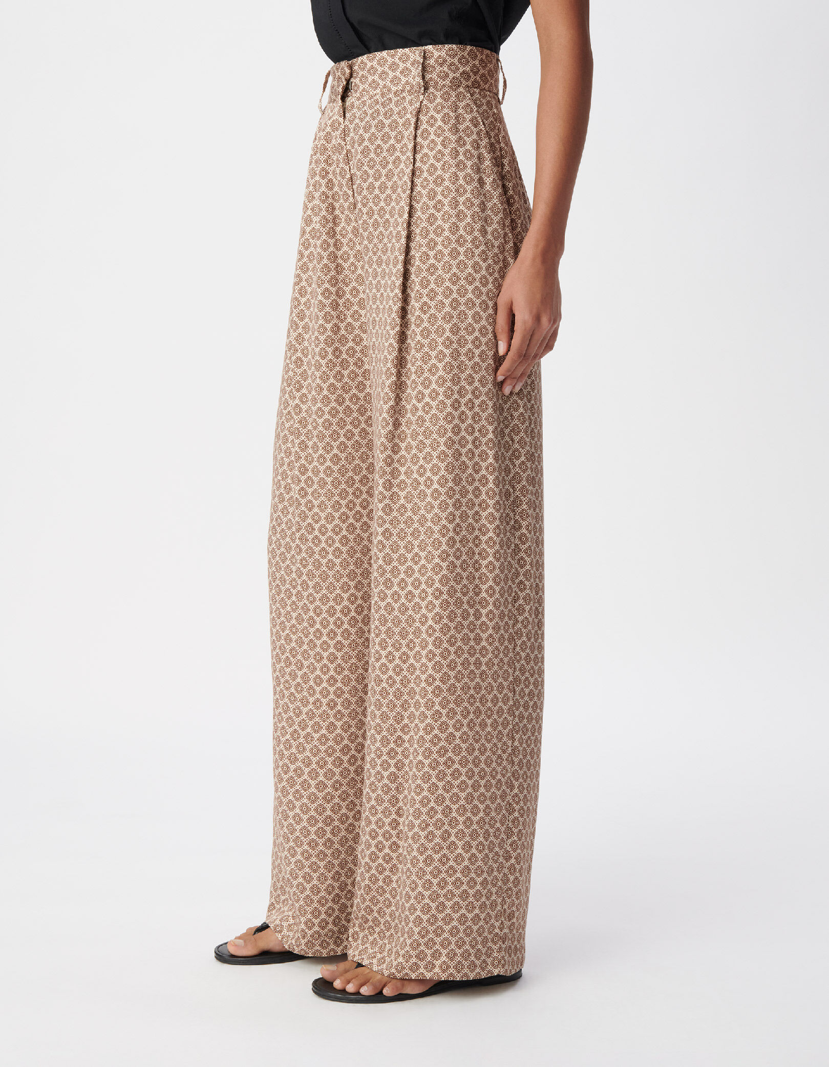 Pantalon large beige motif géométrique Femme